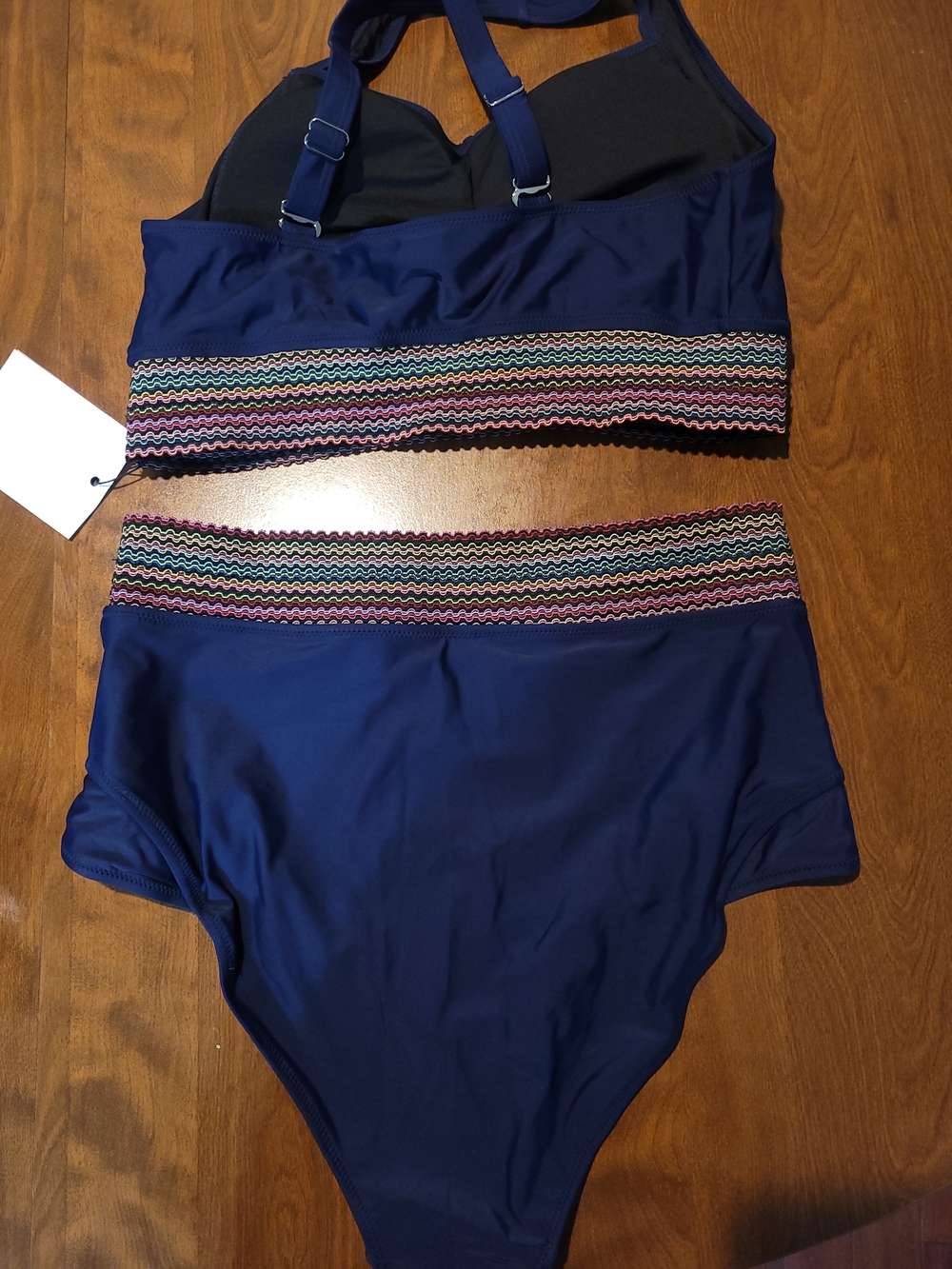 Navy One-Piece Swimsuit with Multicolor Zigzag Waistband - Picture 3 of 4